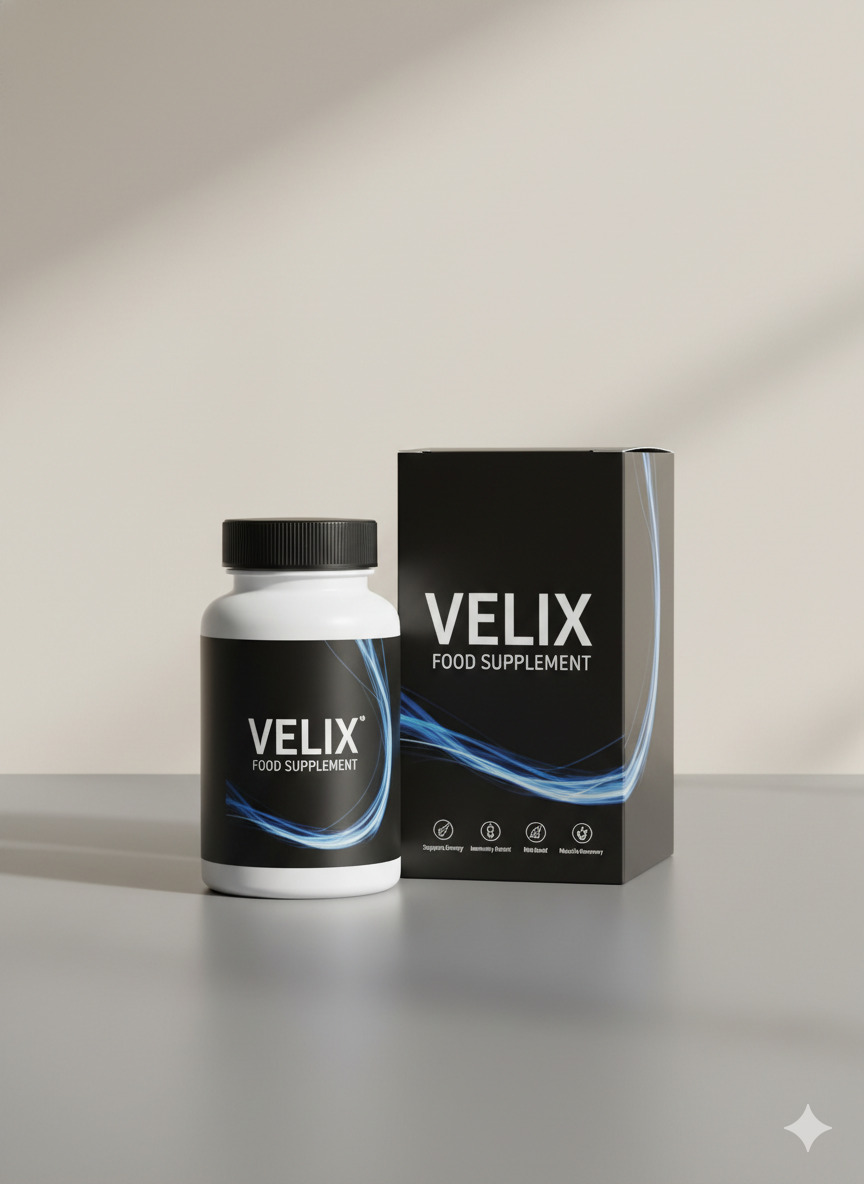 Velix food supplement bottle and packaging on a neutral surface